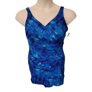 NWT Roxanne Bra Pleated Sheath Swimsuit Sapphire Blue Tie Dye 16 38DD Summer Vtg